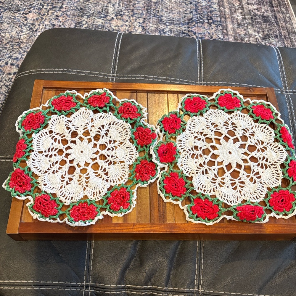Vintage Raised Red Roses Flowers Doily Handmade 14” Round Pair